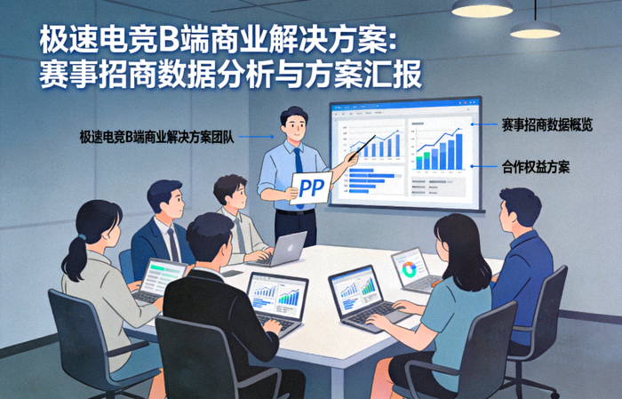 极速电竞B端商业解决方案团队正在针对赛事招商进行数据分析与方案汇报
