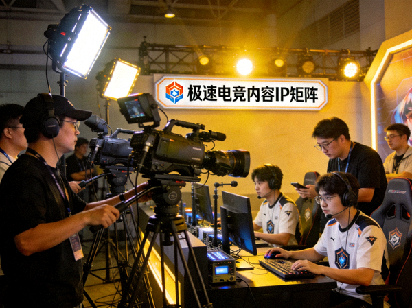 极速电竞内容IP矩阵制作现场，摄像团队正在录制选手纪录专题片
