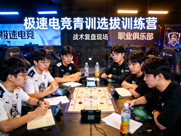 极速电竞携手职业俱乐部开展青训选拔训练营，年轻选手正在进行战术复盘